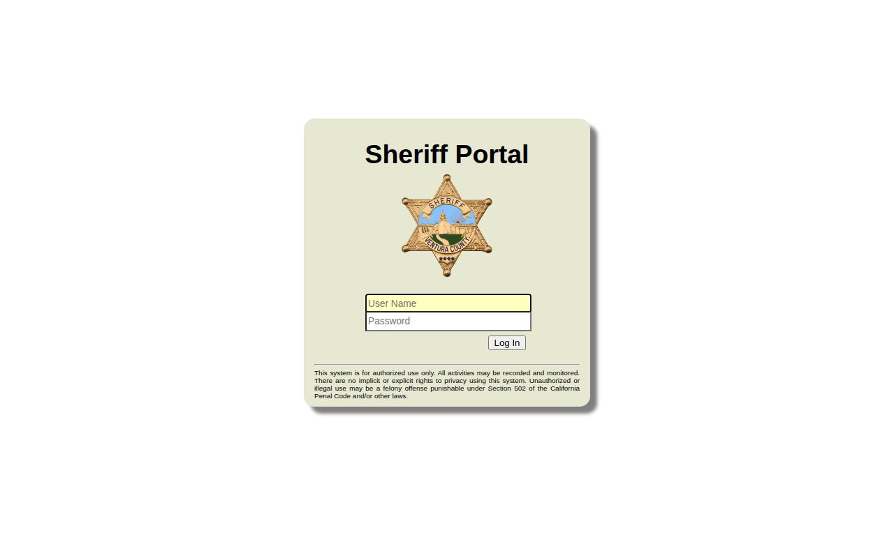 Ventura County warrant portal authorized-use login notice