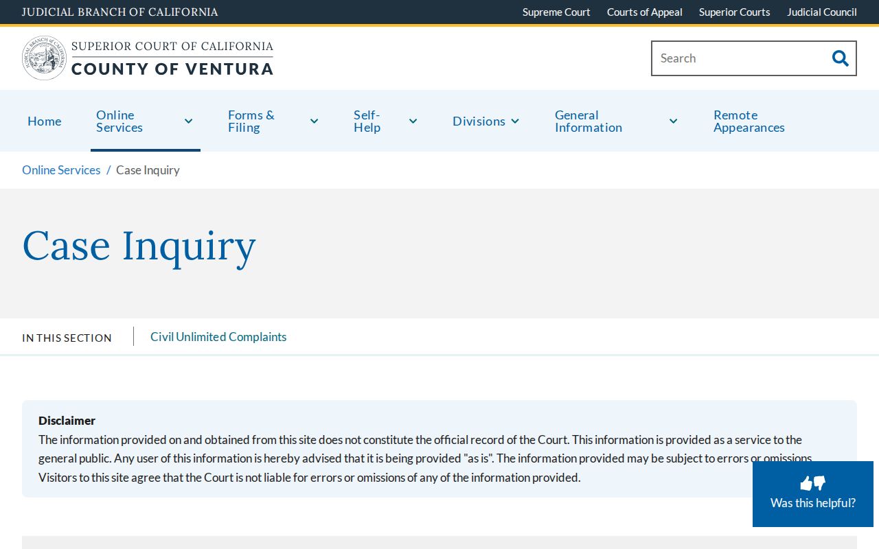 Ventura Superior Court criminal case inquiry name and case number fields
