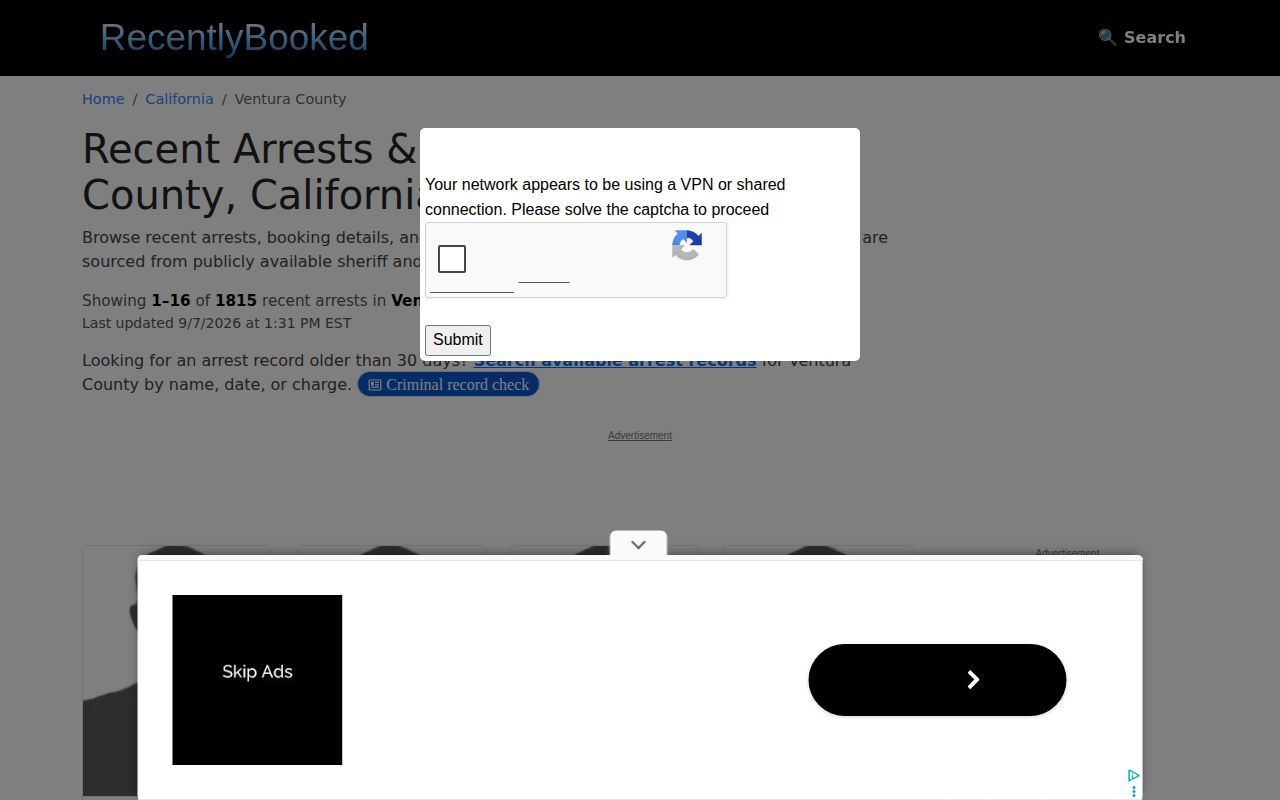 Unofficial Ventura County recent arrests source capture
