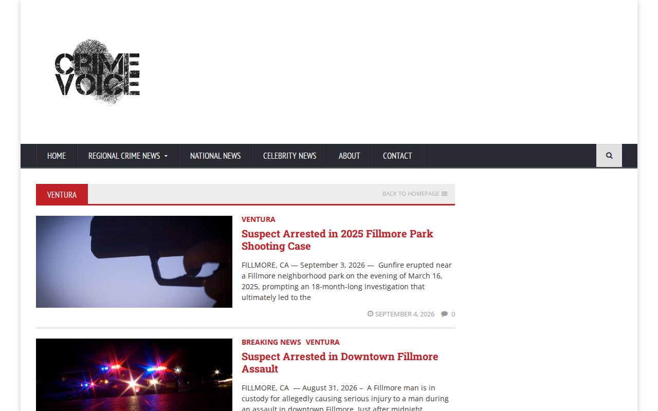 CrimeVoice Ventura County news page showing headline date byline and source details